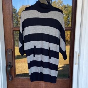 Tory Burch Jacinthe Merino Wool Black and Gray‎ Striped Turtleneck Sweater Tunic